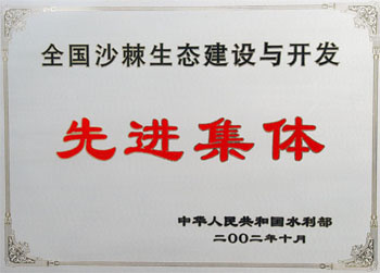 2002年榮獲水利部全國沙棘生態建設與開發先進集體稱號